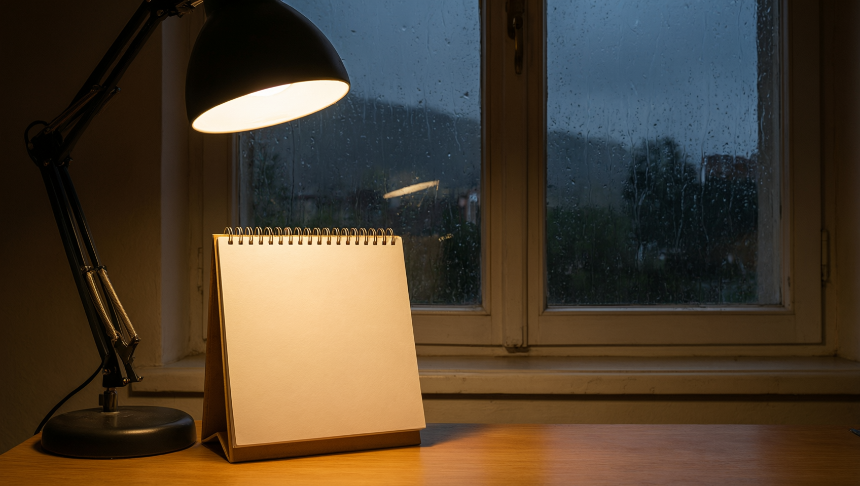 暴風雨夜裡照亮空白月曆的檯燈